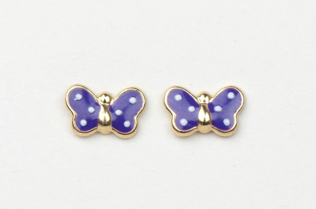 Gold 14k Yellow Enamel Butterfly Baby Earrings with Screw Back