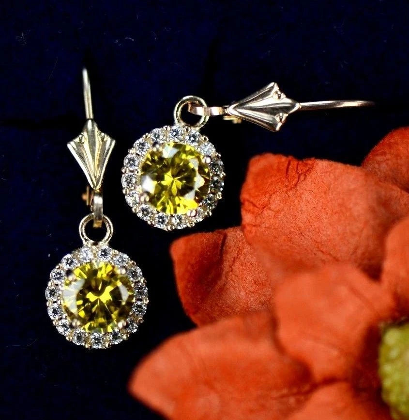 14k Yellow Gold Halo Dangle Round Leverback Pierced Earrings Birthstone