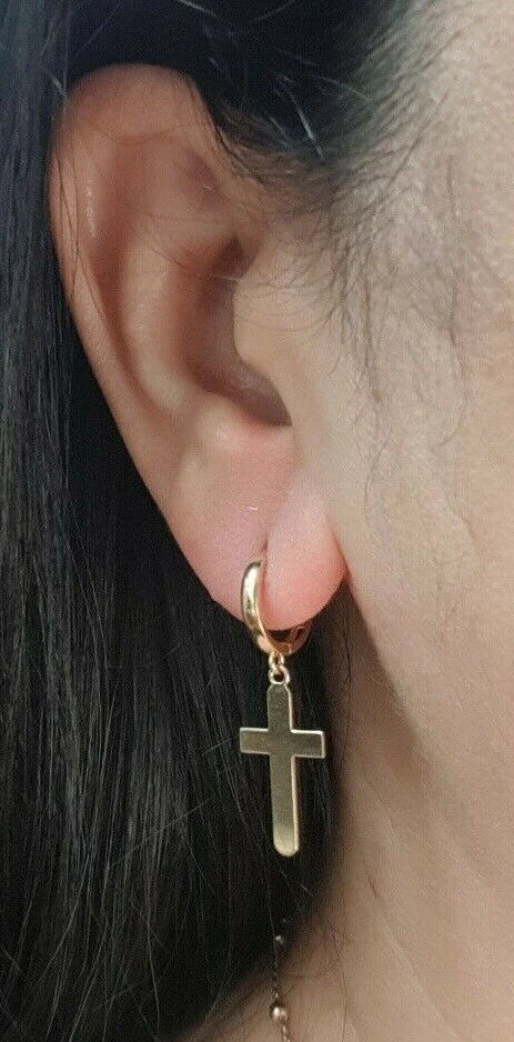 14k Yellow / White Gold Dangle Cross Hamsa Huggie Earrings