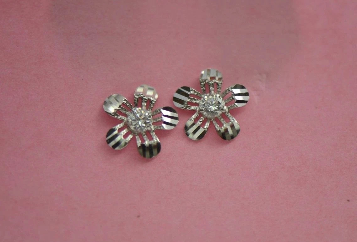14k White Gold Flower Stud CZ Earrings