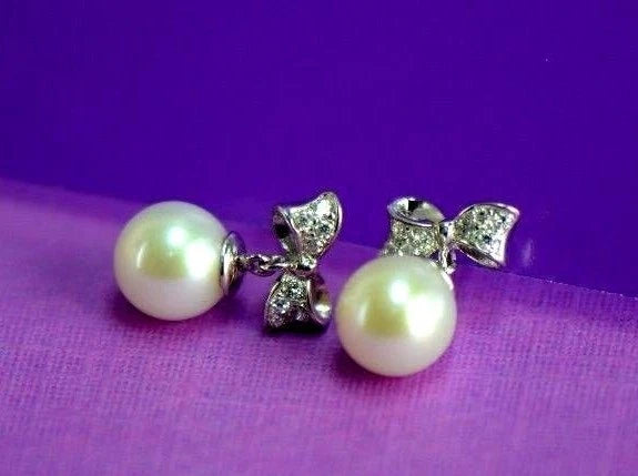 14k yellow white gold bow tie pearl cz stud earring freshwater
