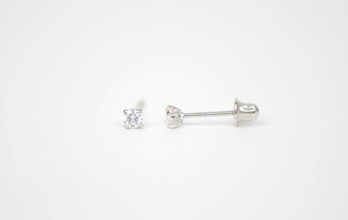 CZ Stud Earring Round cut in 14k white gold Screw back
