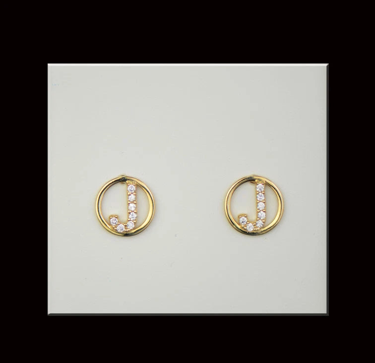 14k Yellow or White Gold Round Initial Letters CZ Stud Earrings
