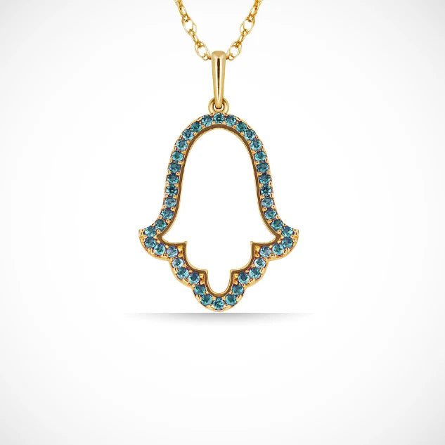 Hamsa Hand Evil Eye Charm Pendant For Women Simulated CZ Crystal 14k Yellow Gold