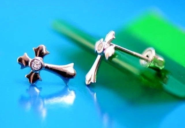 14K White Yellow Gold Cross CZ Earrings