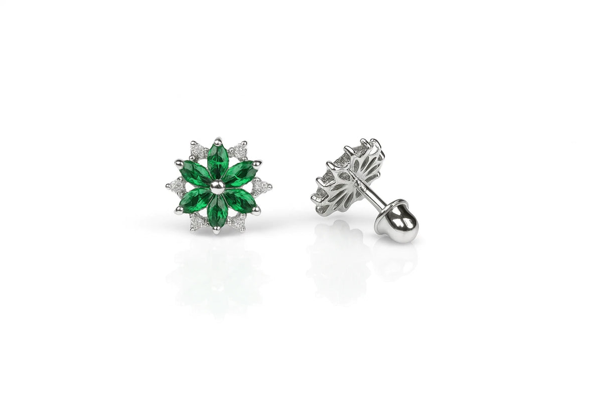 14K White Gold Beautiful CZ Flower Stud Earrings for Women