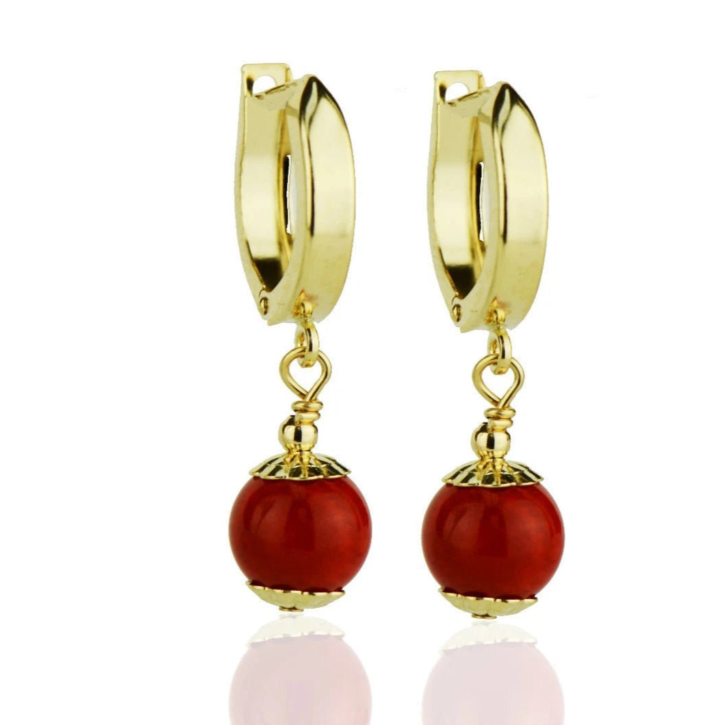 14k Yellow Gold Coral Huggie Dangle Earrings