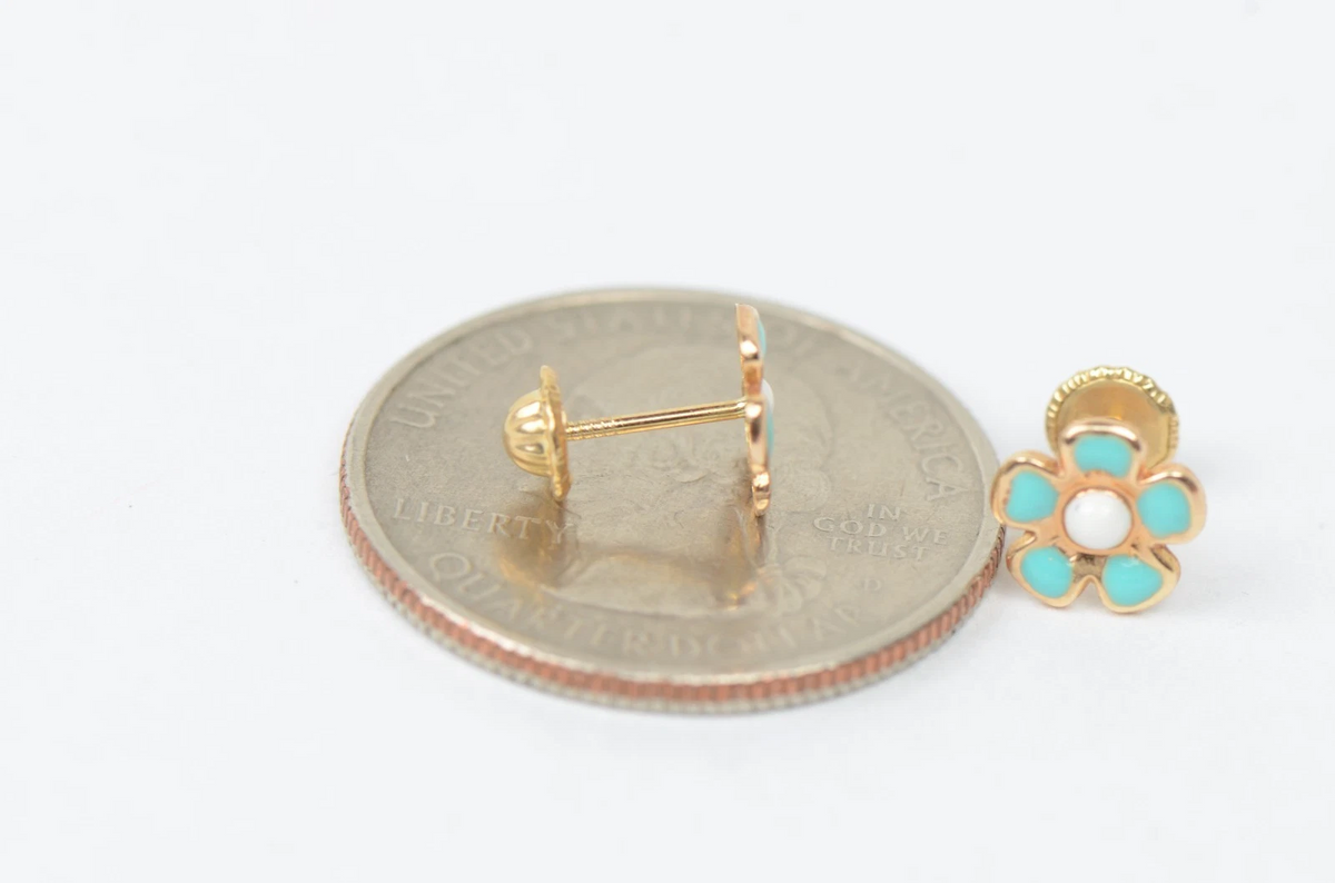 14k Yellow Gold Baby Enamel Flower Earrings, Screw Back