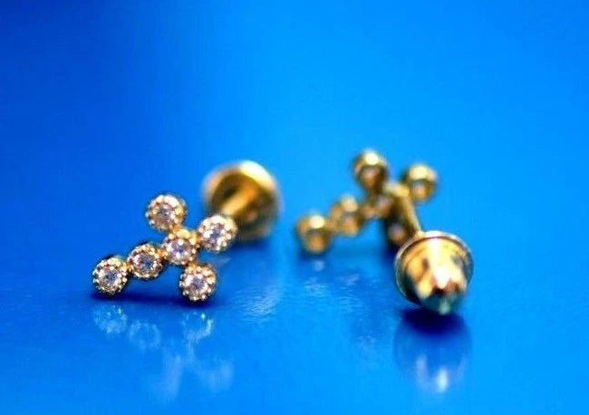 Gold Cross 14k Earrings Yellow or White Cz Stud White Cubic Zirconia Solid