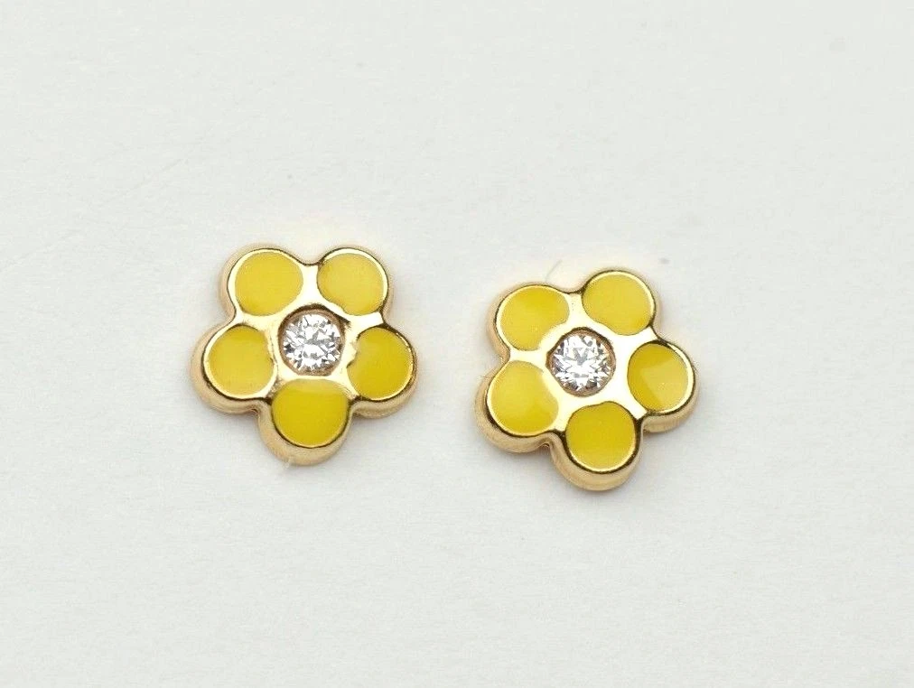 14k Yellow Gold Baby Enamel and CZ Flower earrings, Screw Back
