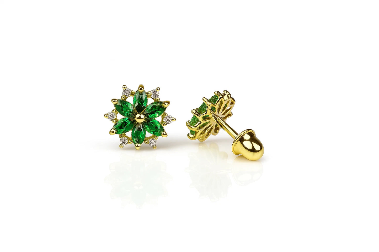 14K Yellow Gold Beautiful CZ Flower Stud Earrings for Women