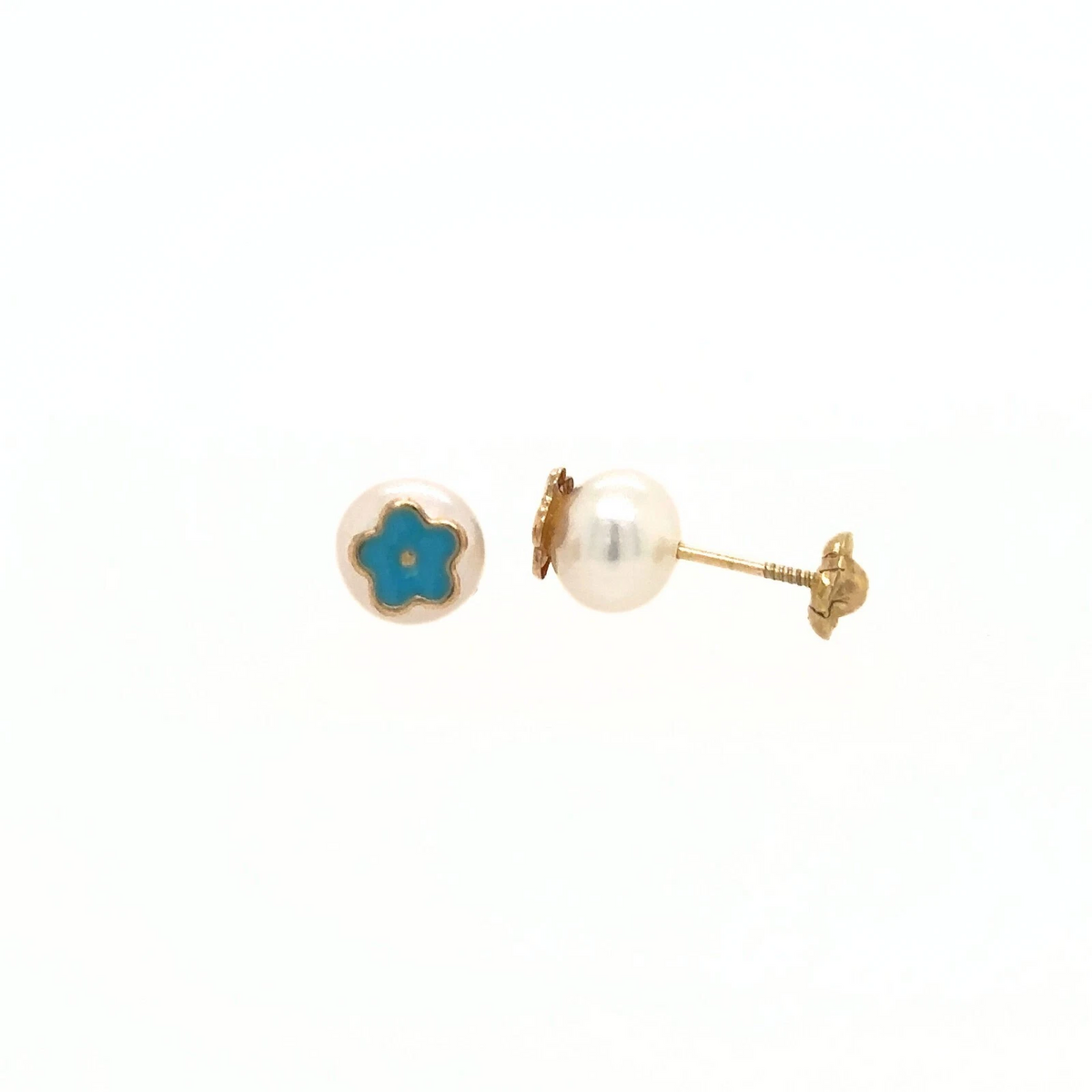 14k Yellow Gold Enamel Flower With Genuine Pearl Screw Back Stud Earrings