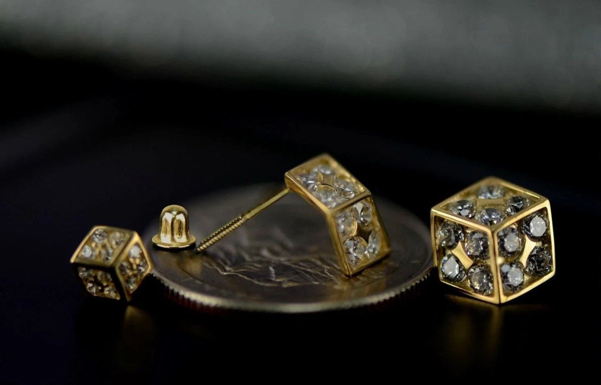 14K Yellow or White Gold Dice Stud Earrings Screw Back