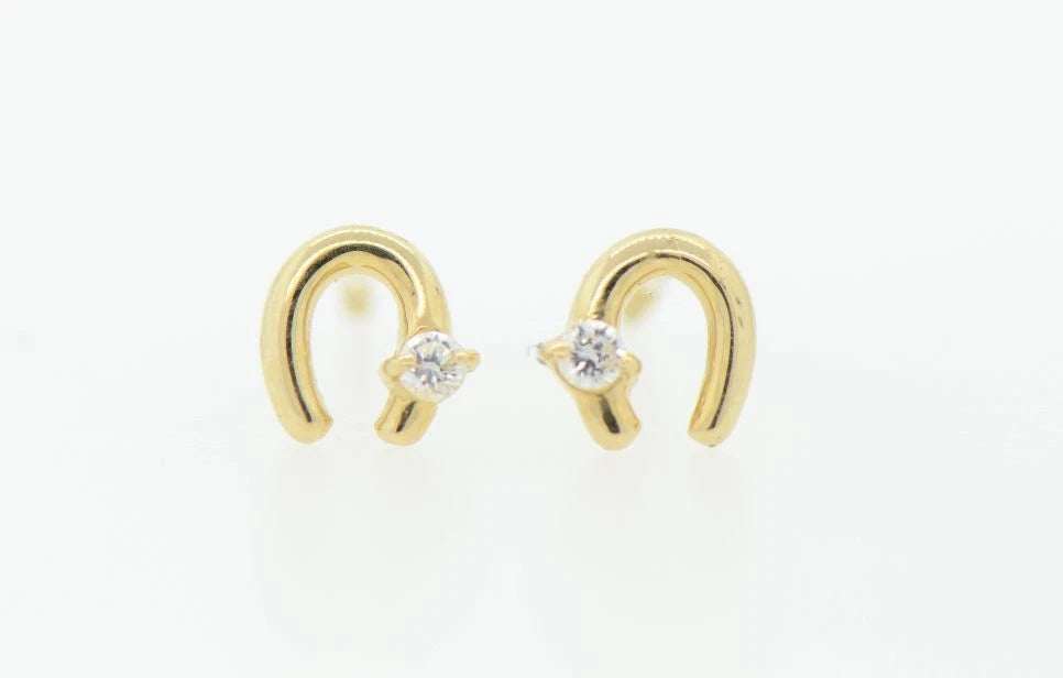 14k Solid Yellow or White Gold Horse Shoe Screw Back Stud Earrings with CZ
