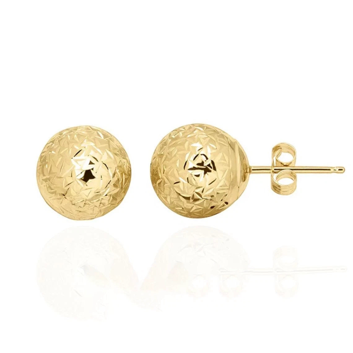 14k Solid Yellow Gold Diamond Cut Ball Stud Earrings