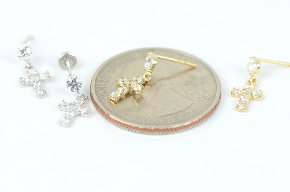 14K Cubic Zirconia CZ Cross Dangle Earrings