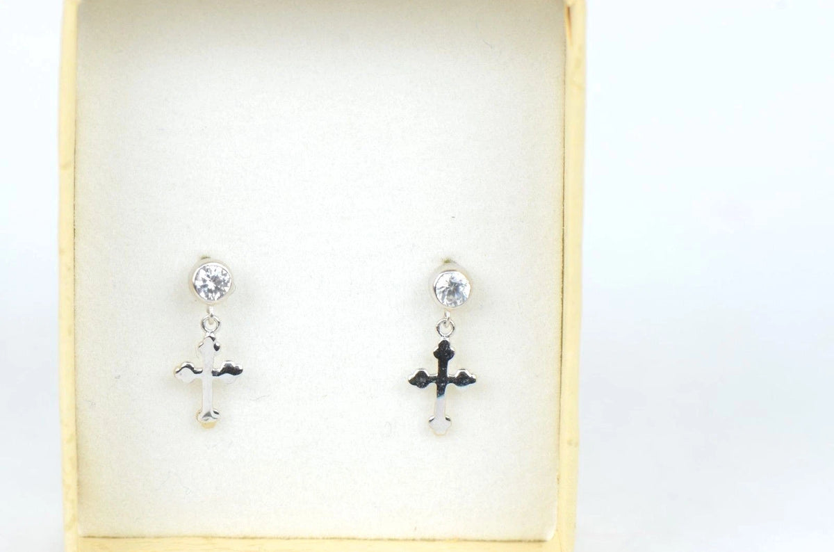 14K Yellow White Gold Cubic Zirconia CZ Cross Dangle Earrings