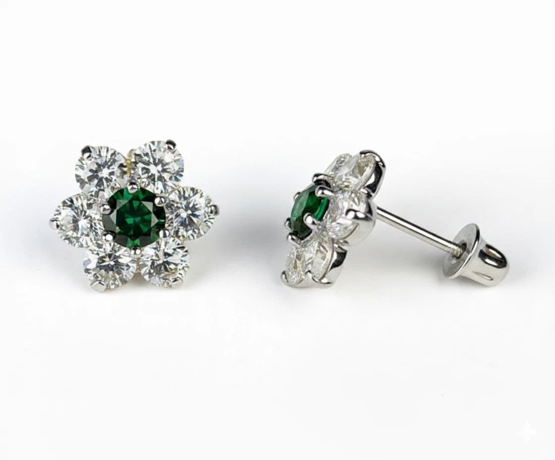 14k White Gold Beautiful Flower Shaped Stud Screw Back Earrings for Women