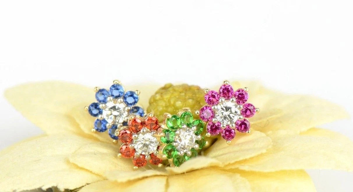 14k Yellow Gold Flower Stud Earrings with  Birthstone Screw Back