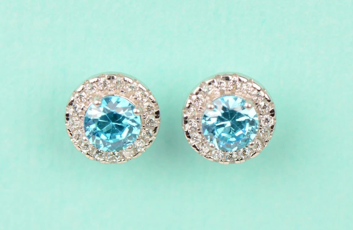 14K Solid White Gold Halo Stud CZ Screw Back Earrings