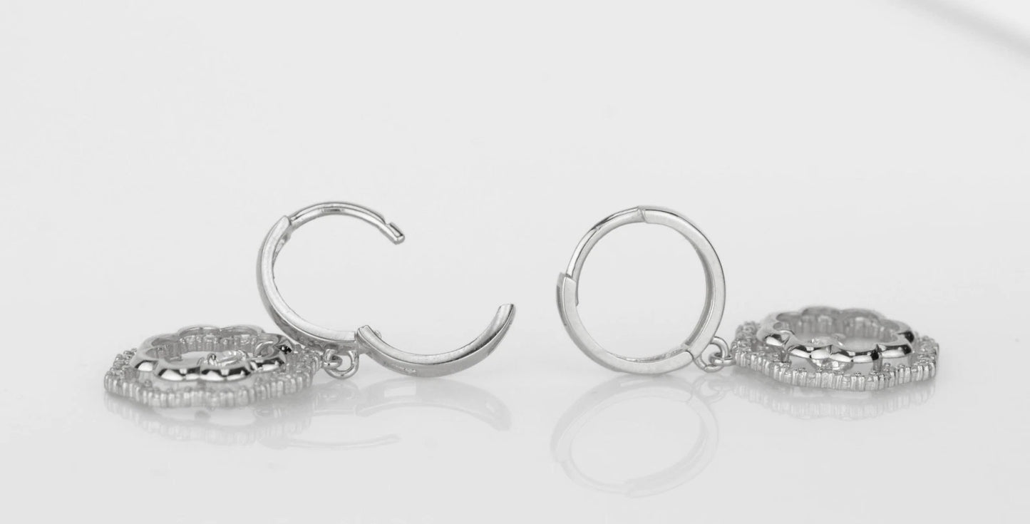 14k Yellow / White Gold Dangle CZ Flower Huggie Earrings