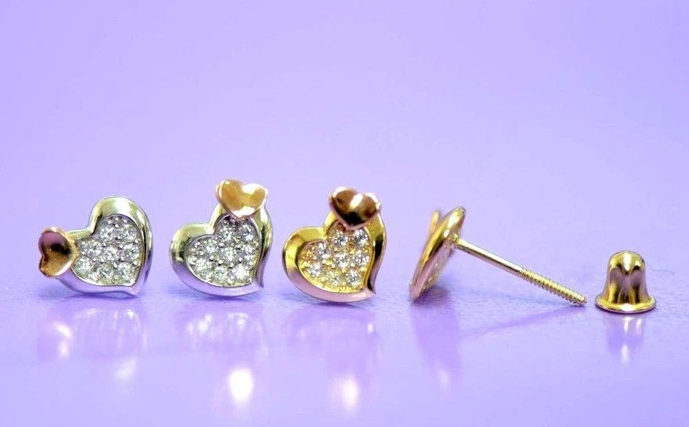 14K White Yellow Gold Heart Shape Cubic Zirconia Stud Earrings
