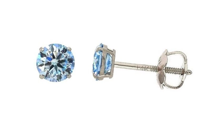 Gold 14K GRA Certified D-VVS1 Ocean Blue Moissanite Screw Back Studs Earrings