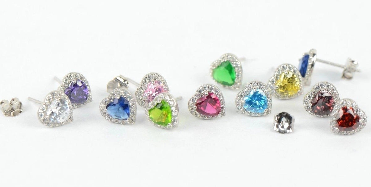 14k Solid White Gold Halo Heart Stud Earrings