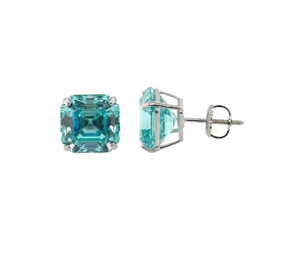 14K White Gold Asscher Cut Stud Earrings Screw Back