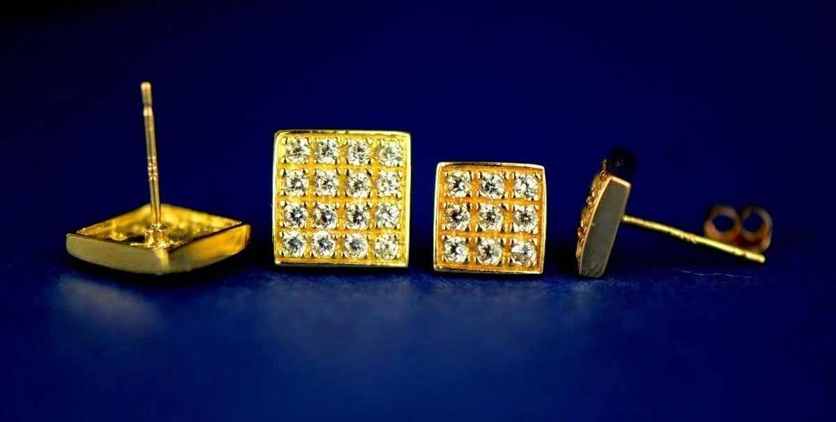 14K Yellow or White Gold Fancy Square CZ Stud Earrings
