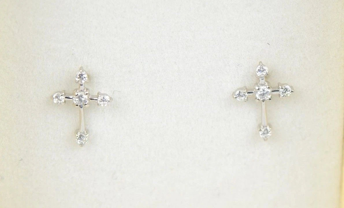 14K Yellow White Gold Cubic Zirconia CZ Cross Earrings