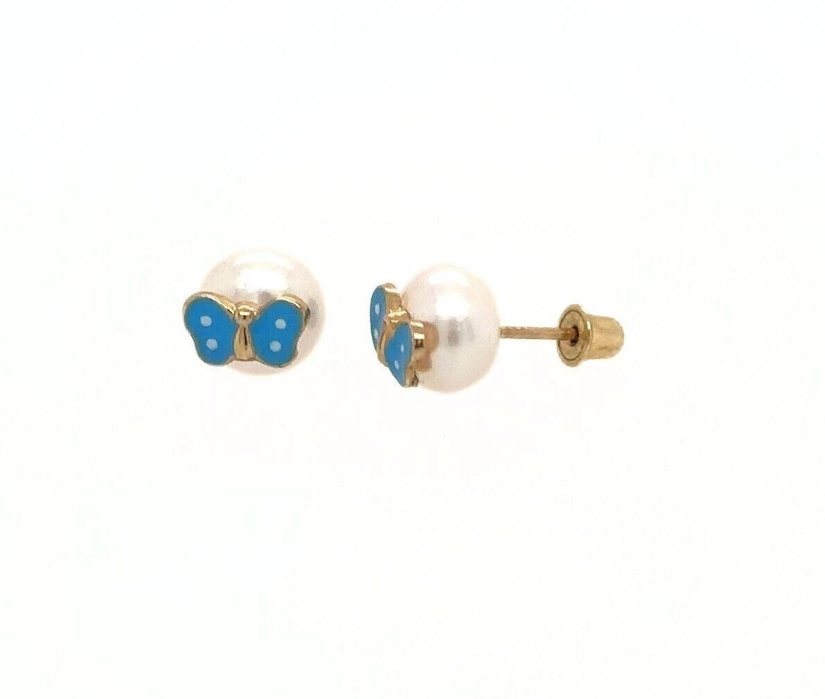 14k Yellow Gold Enamel Butterfly With Genuine Pearl Screw Back Stud Earrings
