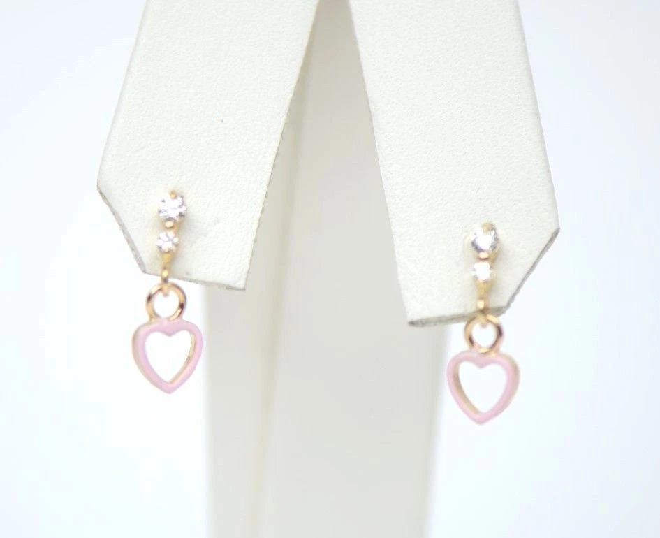 14K Solid Yellow Gold Heart Shape Dangle Earring with Enamel