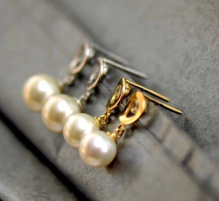 14K Yellow and White Gold Genuine Pearl CZ Stud Earring