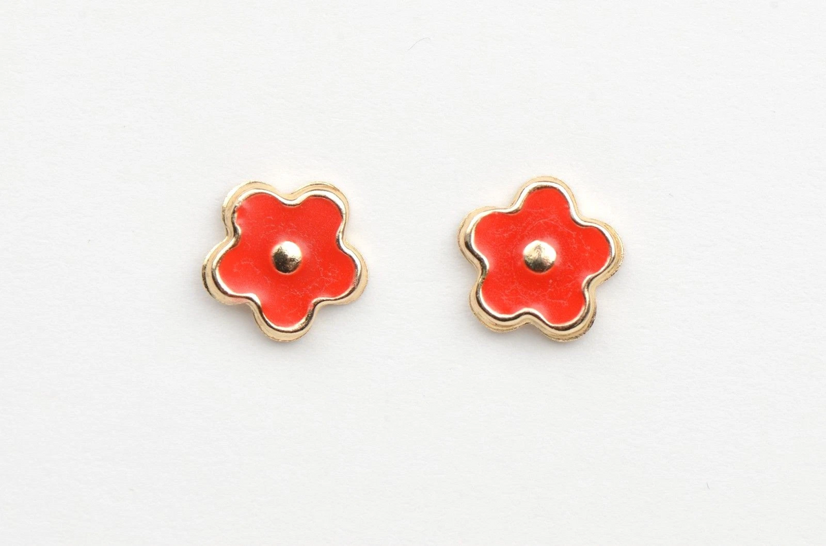 14k Yellow Gold Enamel Flower Baby earrings with Screw Back