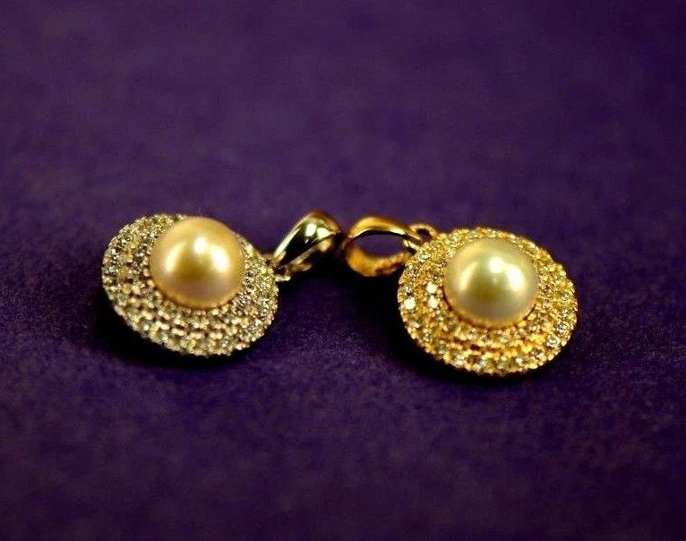 14K Yellow or White Gold Round Genuine Pearl CZ Pendant