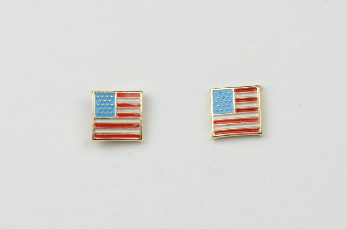 14K Yellow Gold American Flag Stud Earrings with Enamel