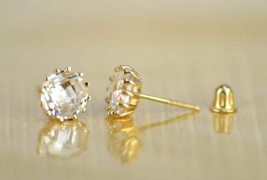 14k Solid Yellow Gold 6mm Round Birthstone Screw Back Earrings for Women