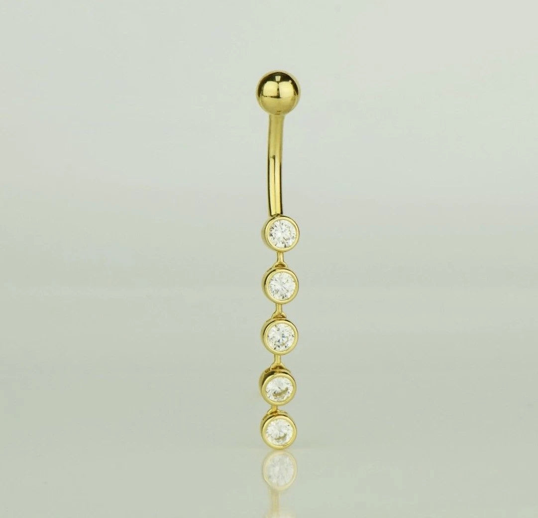14k Yellow or White Gold Belly Button Dangle CZ Bezel Barbel Bar Ring
