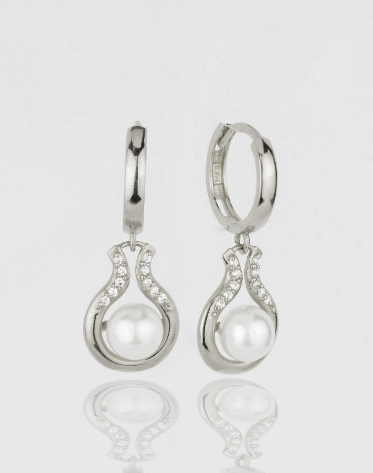 14K Yellow / White Gold Opal Huggie Hoop Dangle Earrings