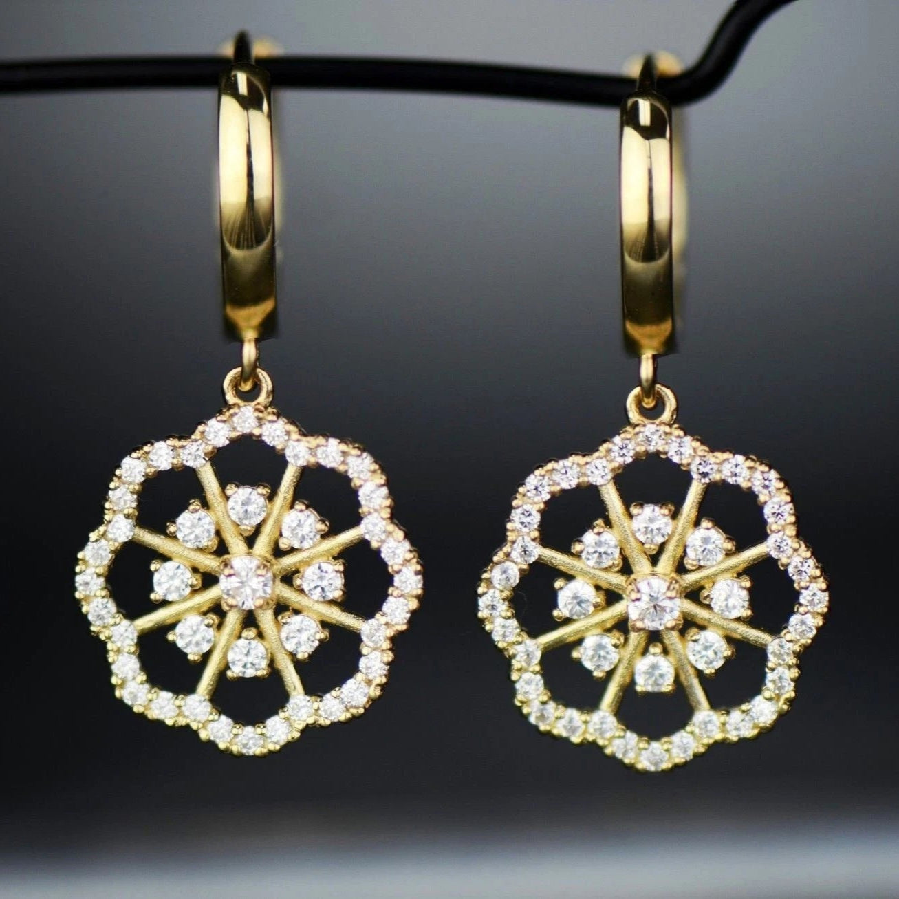 14k Yellow / White Gold Dangle CZ Flower Zirconia Stones Huggie Earrings