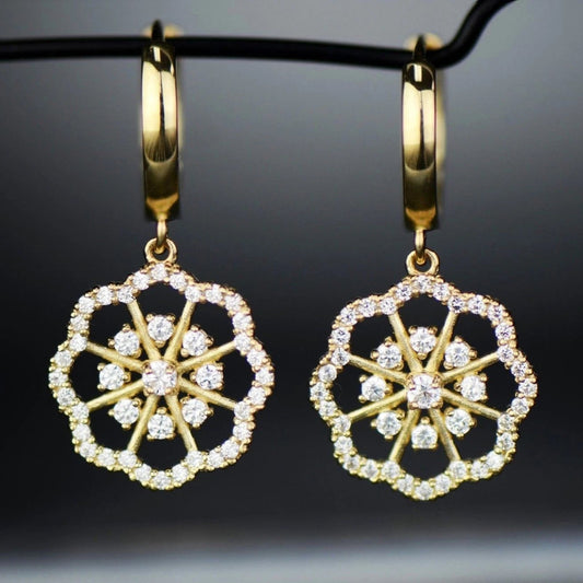 14k Yellow / White Gold Dangle CZ Flower Zirconia Stones Huggie Earrings