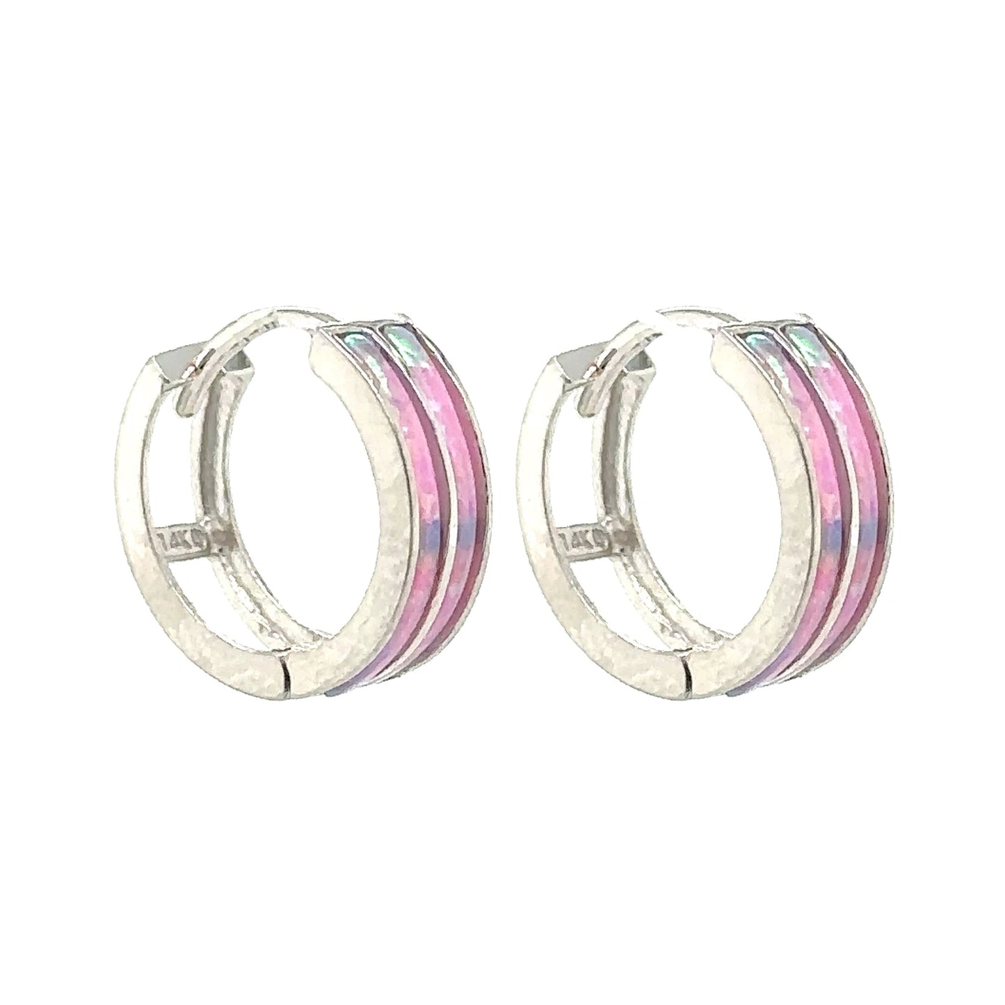 14k Yellow/White Gold Double Row Pink Opal Huggie Hoop Earrings
