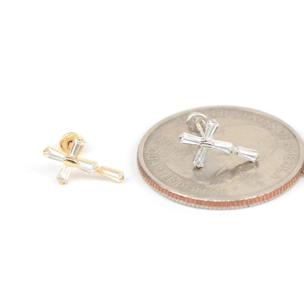 14K Yellow or White Gold Cubic Zirconia Cross Earrings