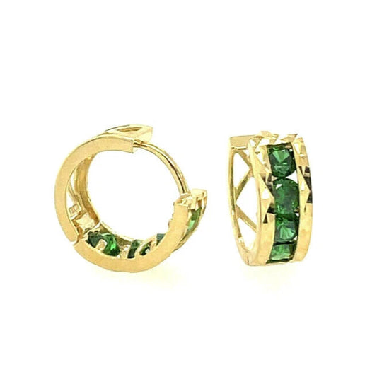 14k Yellow Gold Diamond Cut with Emerald CZ Birthstone Huggie Earrings