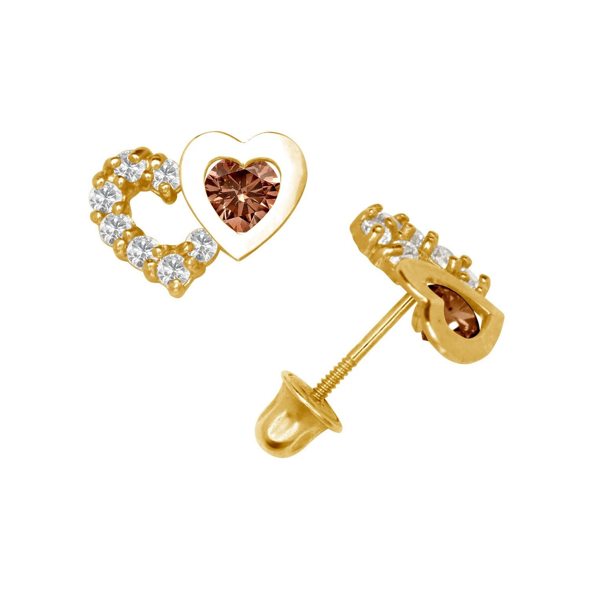 14K Yellow & White Gold Classic CZ Heart Shaped Stud Earrings for Women