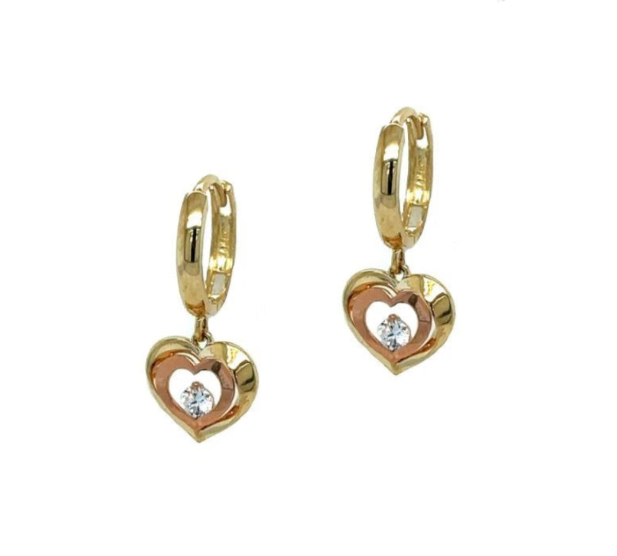 14k Yellow and Rose Gold Dangle Heart Hoop Huggie Earrings