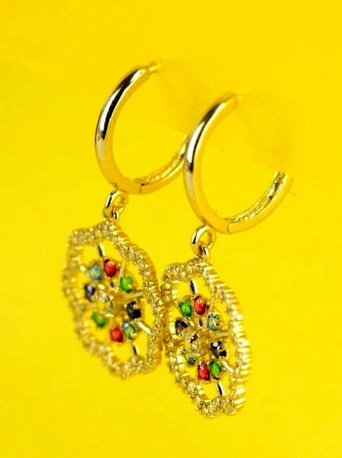 14k Yellow White Gold Dangle CZ Flower Huggie Earrings