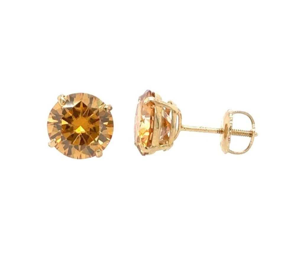 14K Gold GRA Certified D-VVS1 Round Champagne Moissanite Screw Back Studs Earrings