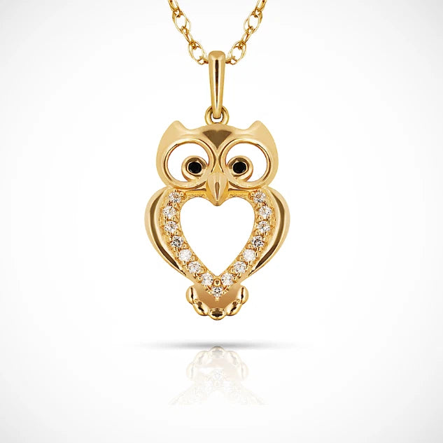 14k Yellow & White Gold CZ OWL Pendant For Women Jewelry